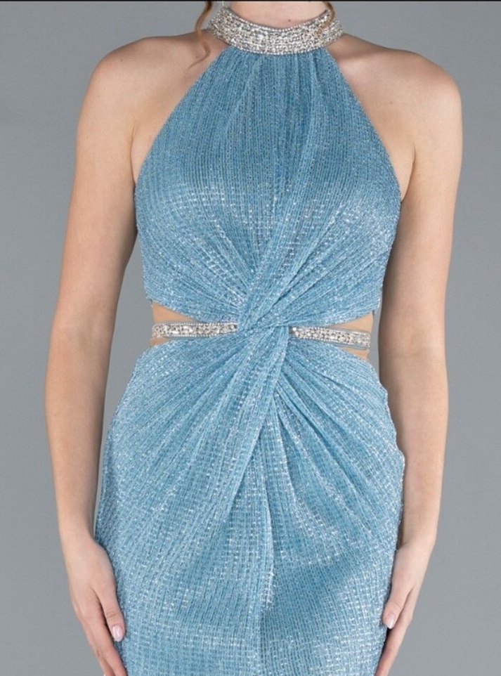 Parlak Mavi Drapeli Uzun Abiye Elbise - Görsel 3