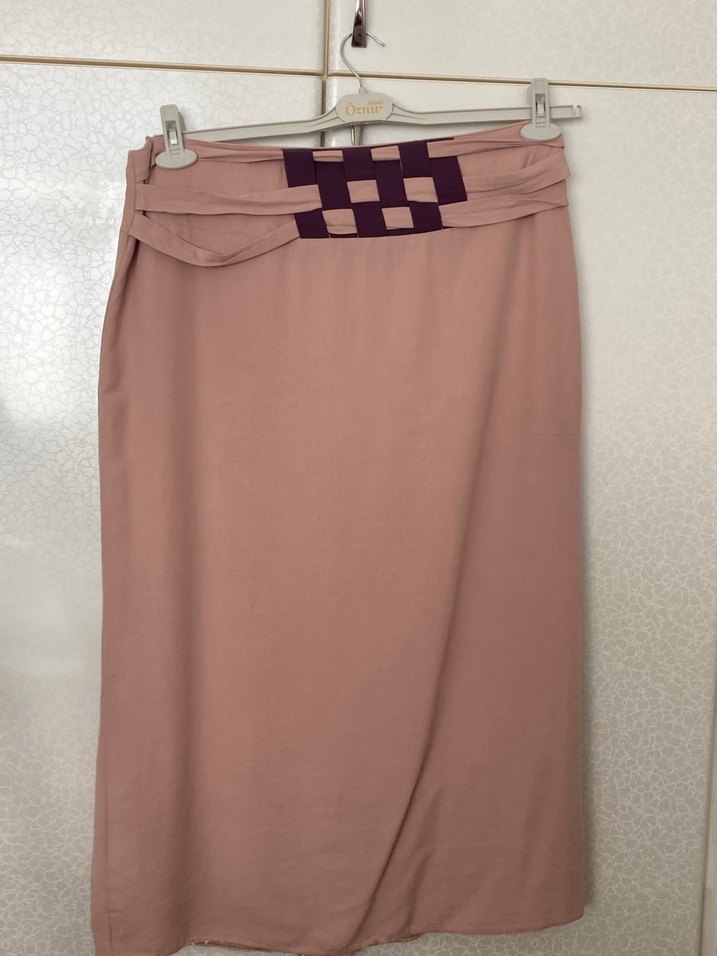 Bej Uzun Kadın Etek, Kemer Detaylı - Görsel 3