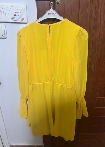 Sarı Midi Mini Elbise, Uzun Kollu, Fırfırlı - Görsel 5