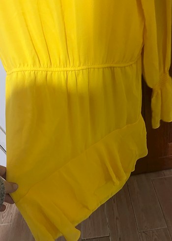 Sarı Midi Mini Elbise, Uzun Kollu, Fırfırlı - Görsel 4