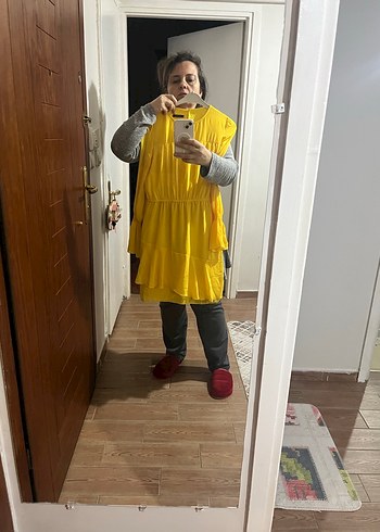 Sarı Midi Mini Elbise, Uzun Kollu, Fırfırlı - Görsel 8