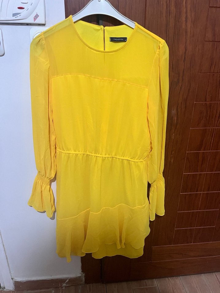 Sarı Midi Mini Elbise, Uzun Kollu, Fırfırlı - Görsel 2