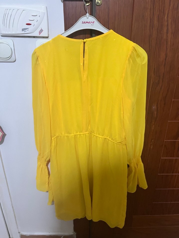 Sarı Midi Mini Elbise, Uzun Kollu, Fırfırlı - Görsel 5