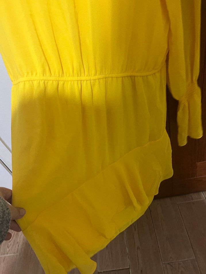 Sarı Midi Mini Elbise, Uzun Kollu, Fırfırlı - Görsel 4