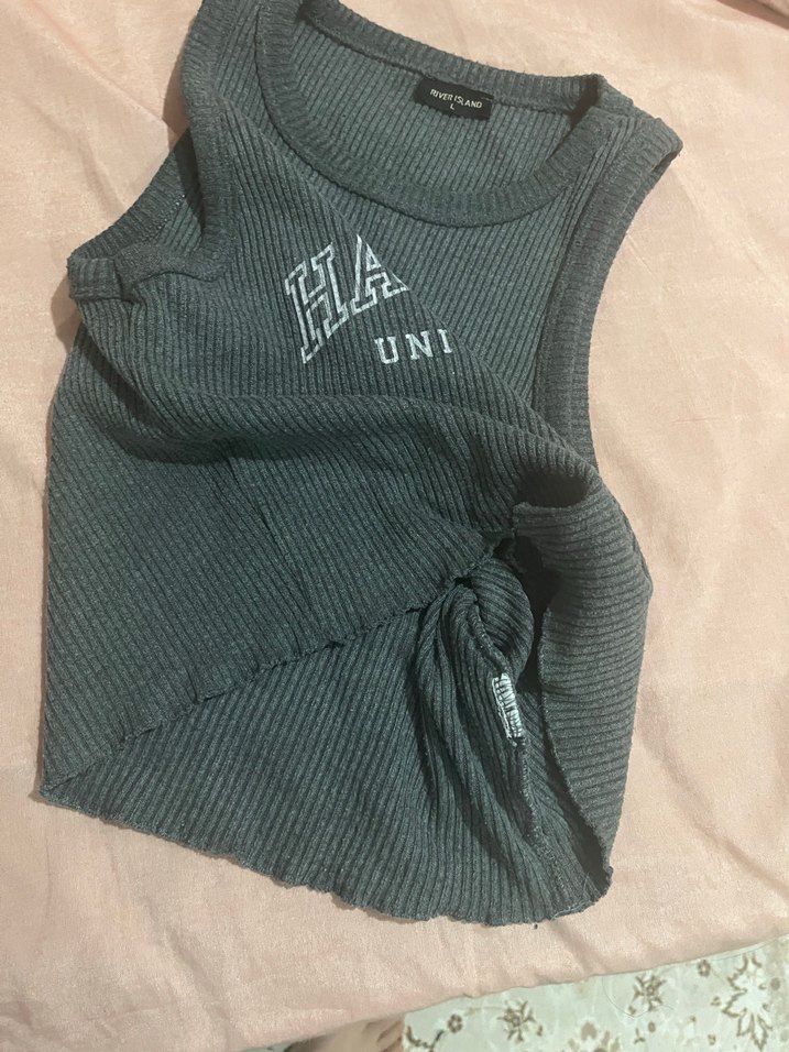 Gri Harvard Baskılı Örme Kolsuz Üst - Görsel 5