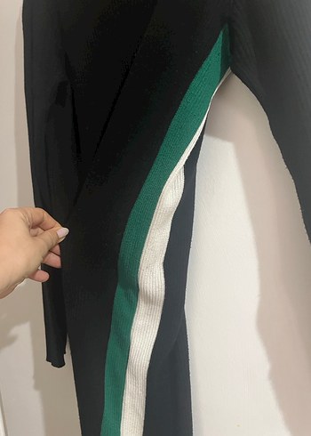 Kadın Siyah fitilli triko Uzun Kollu Yırtmaçlı Elbise - Görsel 3