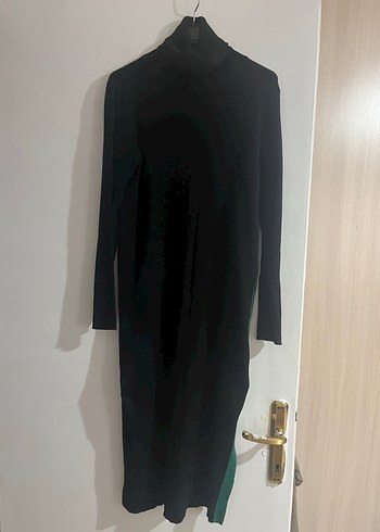 Kadın Siyah fitilli triko Uzun Kollu Yırtmaçlı Elbise - Görsel 2