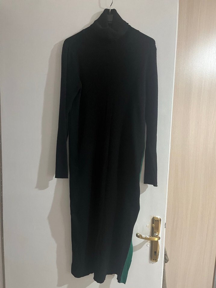 Kadın Siyah fitilli triko Uzun Kollu Yırtmaçlı Elbise - Görsel 2