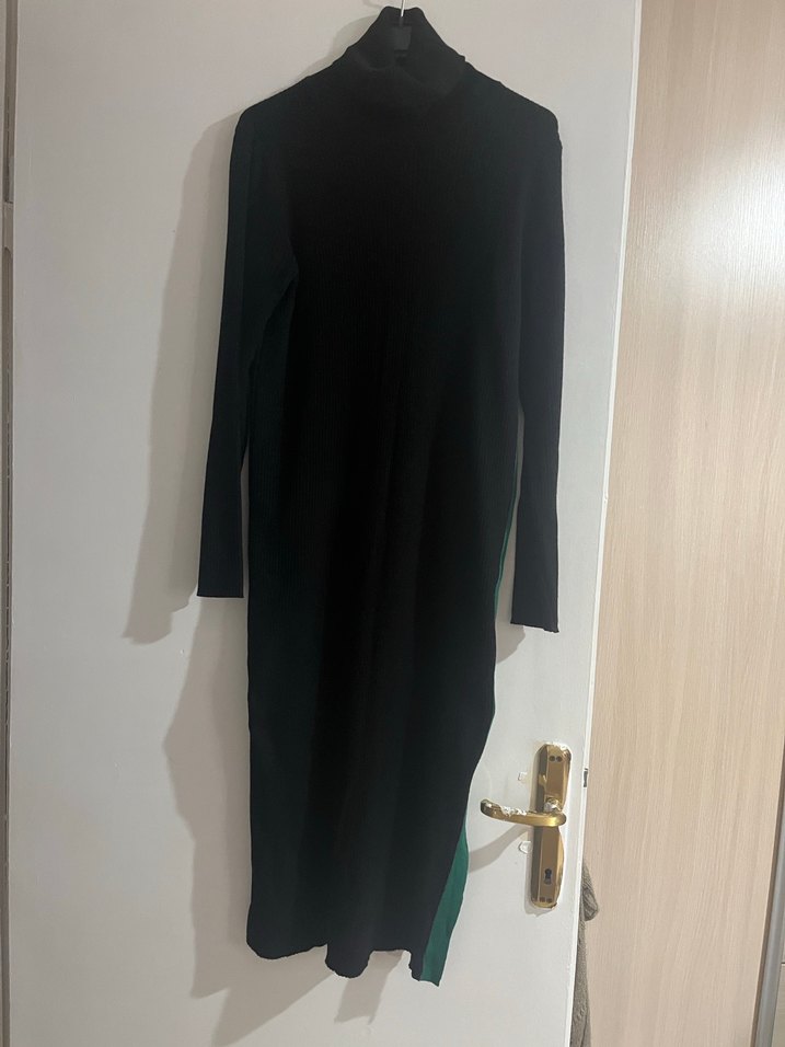 Kadın Siyah fitilli triko Uzun Kollu Yırtmaçlı Elbise - Görsel 5