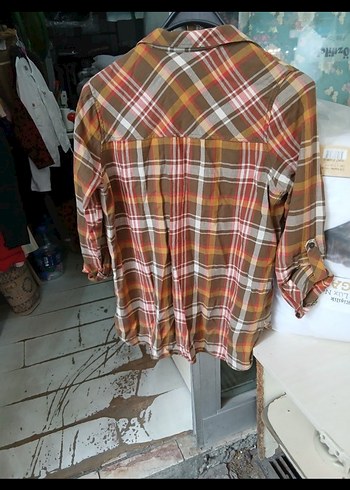 Düğmeli Bol Kesim Kahverengi Kareli Gömlek - Görsel 5