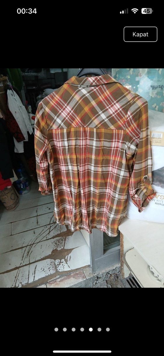 Düğmeli Bol Kesim Kahverengi Kareli Gömlek - Görsel 5