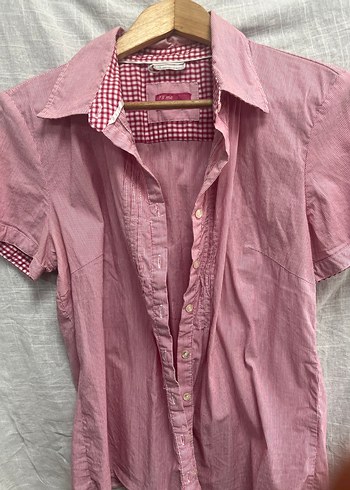 Pembe Kısa Kollu Düğmeli Kadın Gömlek - Görsel 2