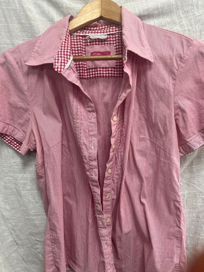 Pembe Kısa Kollu Düğmeli Kadın Gömlek - Görsel 2