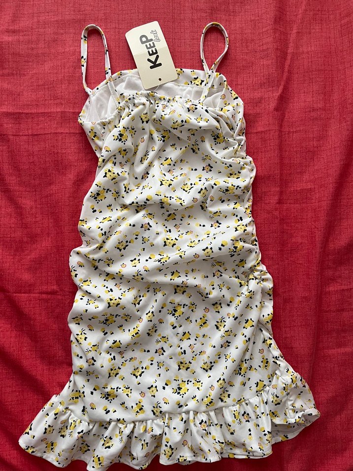 Sarı Drapeli Askılı Mini Elbise - Görsel 4