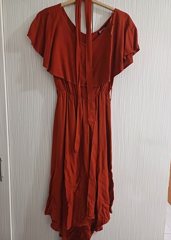 V Yaka Kırmızı Uzun Salaş Kadın Elbise - Görsel 2