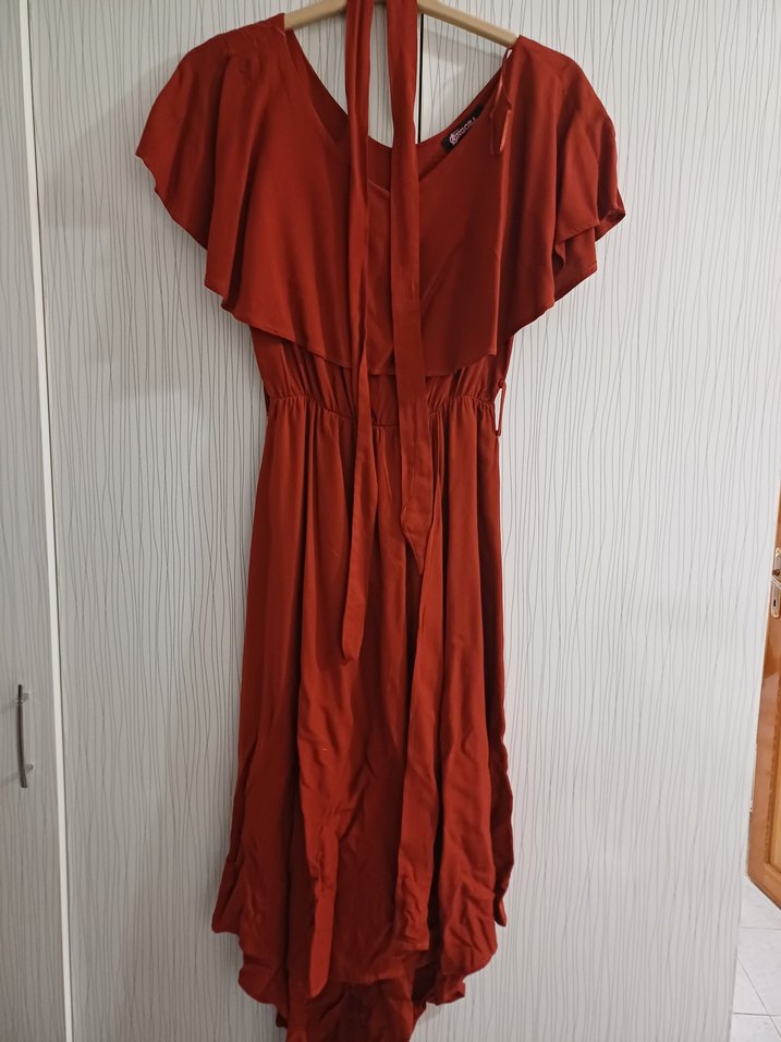 V Yaka Kırmızı Uzun Salaş Kadın Elbise - Görsel 2