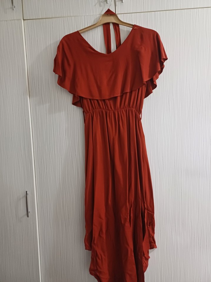 V Yaka Kırmızı Uzun Salaş Kadın Elbise - Görsel 3