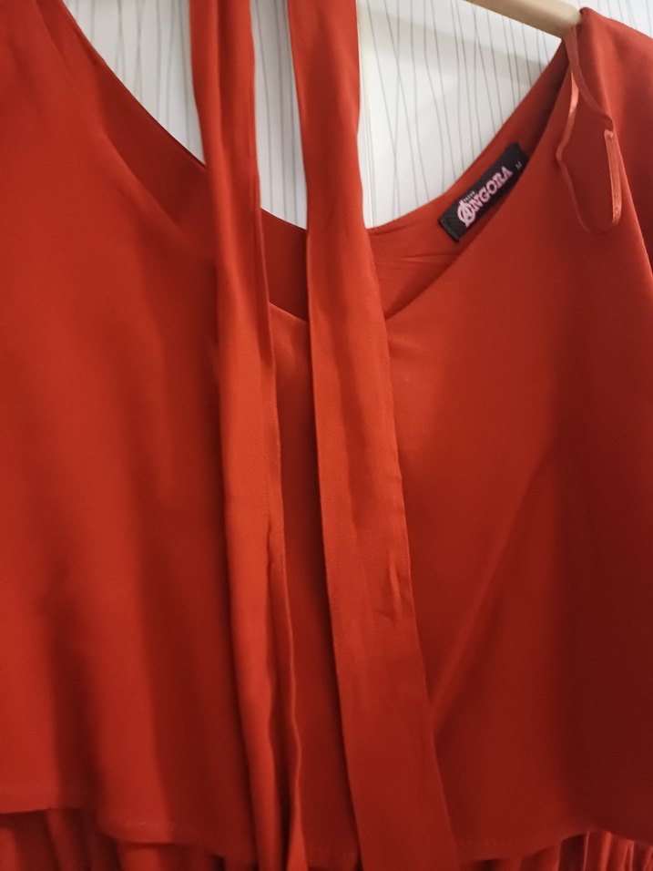 V Yaka Kırmızı Uzun Salaş Kadın Elbise - Görsel 4