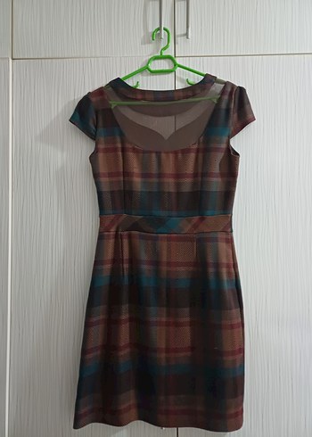 Kahverengi Ekose Midi Elbise - Görsel 5