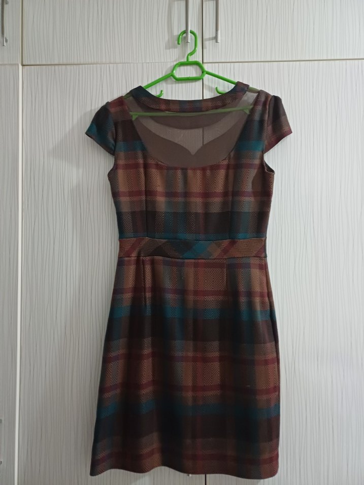 Kahverengi Ekose Midi Elbise - Görsel 5