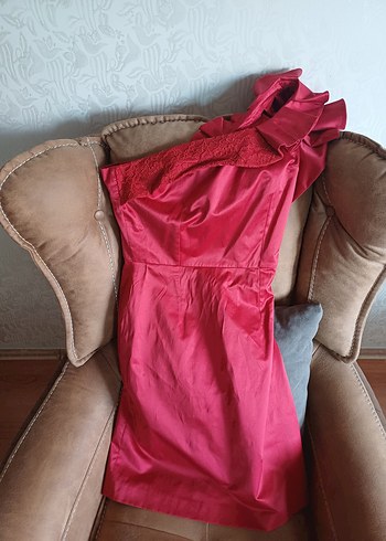 Kırmızı Drapeli Straplez Mini Abiye Elbise - Görsel 2