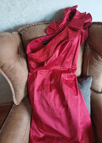 Kırmızı Drapeli Straplez Mini Abiye Elbise - Görsel 3