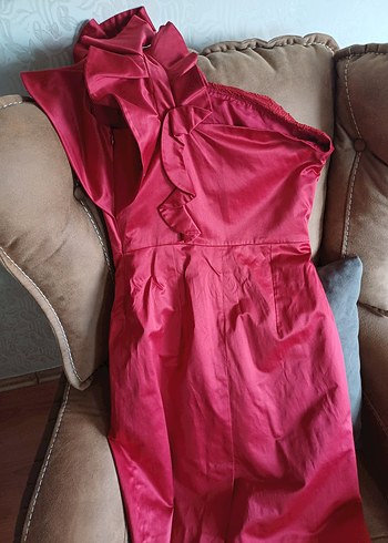 Kırmızı Drapeli Straplez Mini Abiye Elbise - Görsel 4