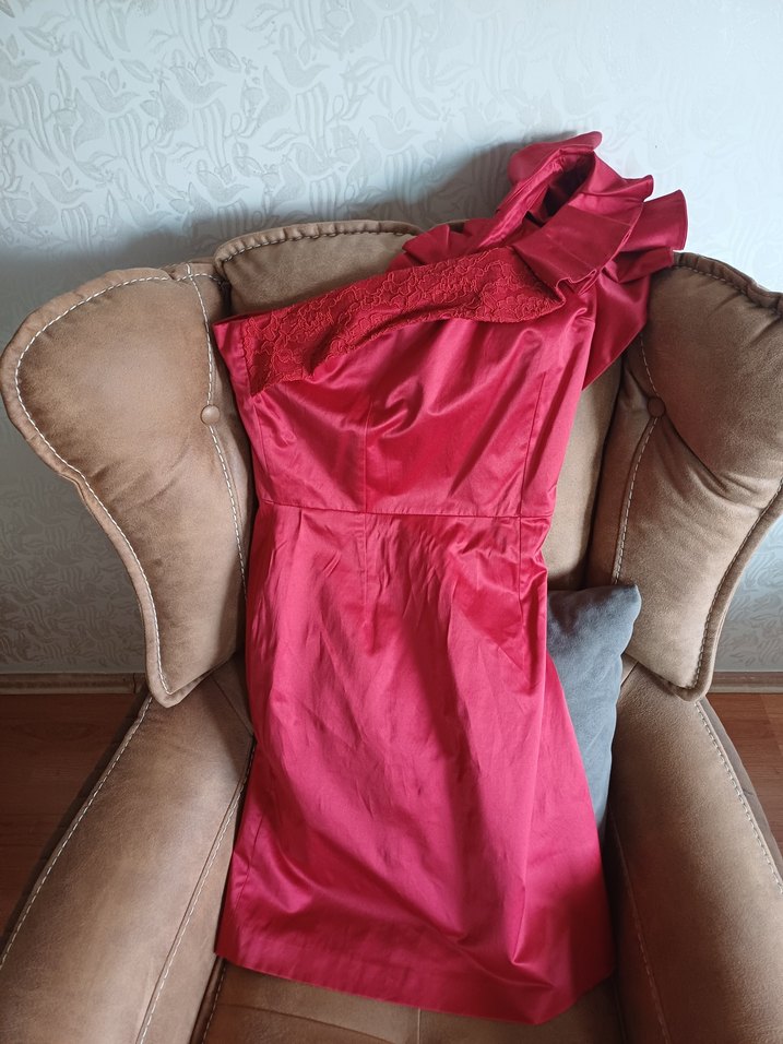 Kırmızı Drapeli Straplez Mini Abiye Elbise - Görsel 2