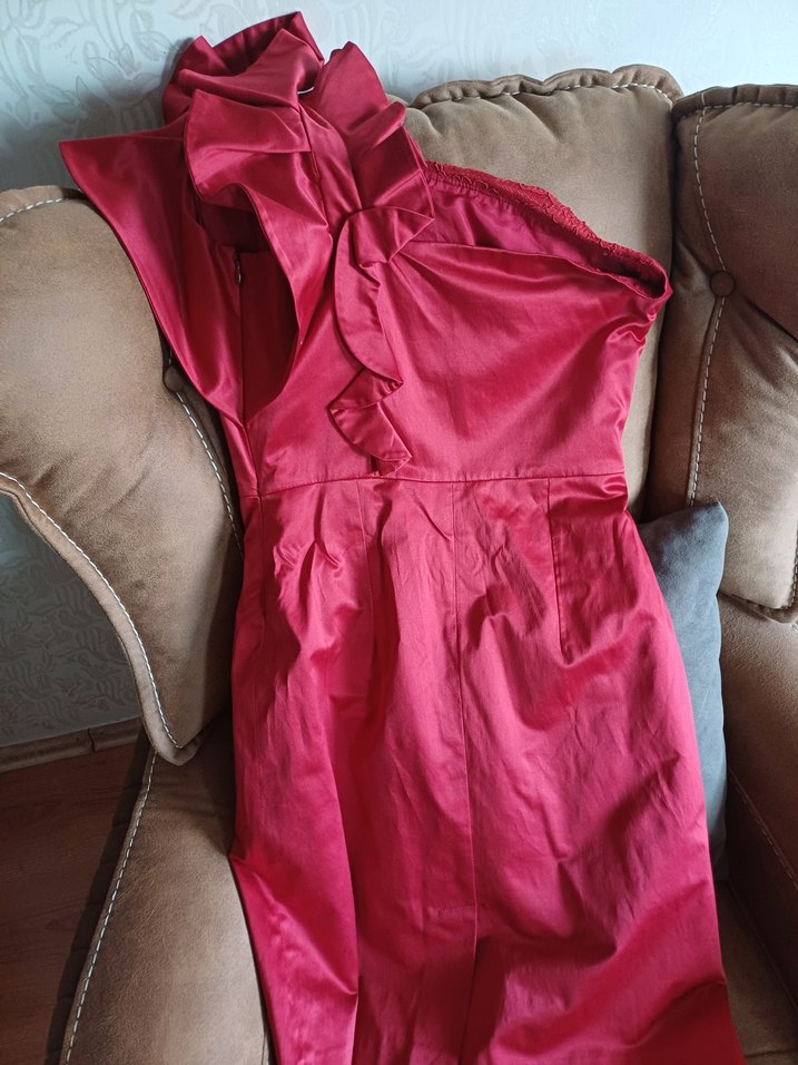 Kırmızı Drapeli Straplez Mini Abiye Elbise - Görsel 4