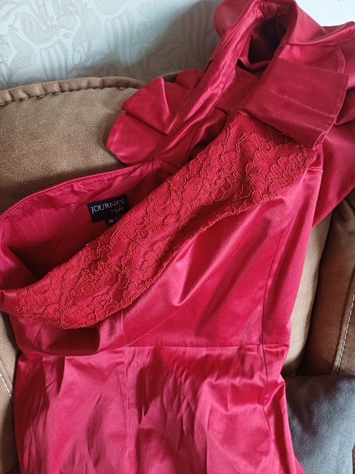 Kırmızı Drapeli Straplez Mini Abiye Elbise - Görsel 5