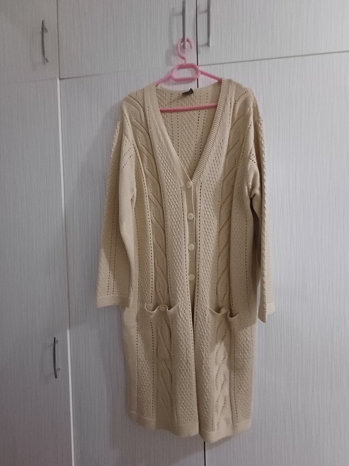 Bej Uzun Örgü Kadın Hırka - Görsel 2