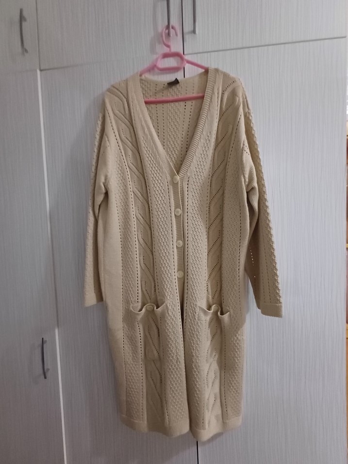 Bej Uzun Örgü Kadın Hırka - Görsel 3