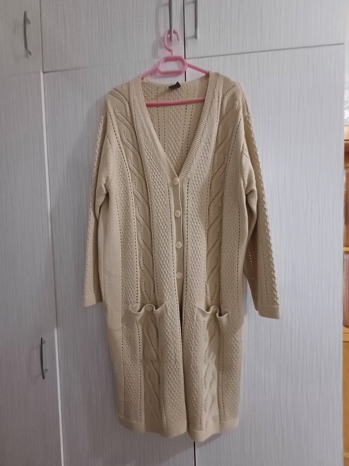 Bej Uzun Örgü Kadın Hırka - Görsel 4