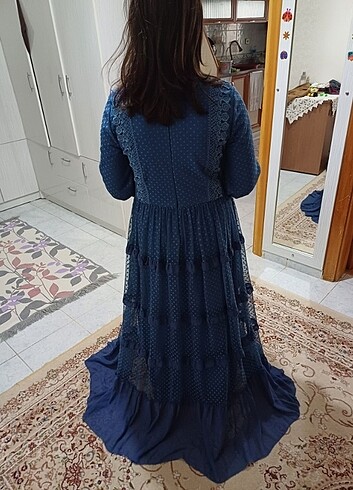 40 Beden mavi Renk Bayan dantel işlemeli elbise 