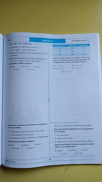  AYT KİMYA DENEMESİ AYDIN YAYINLARI