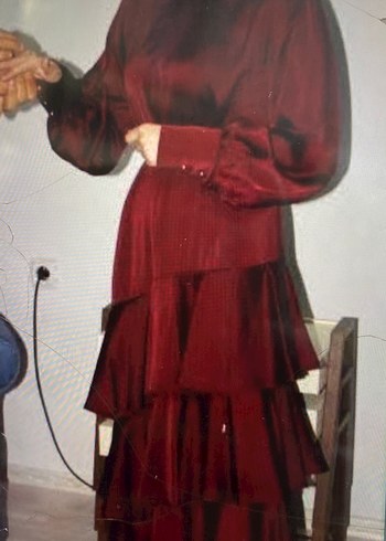 Bordo Uzun Kollu Vintage Kadın Abiye Elbise