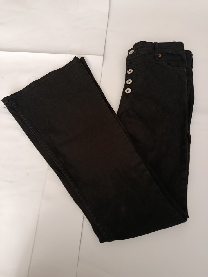 Düğmeli Siyah Kadın Denim Pantolon - Görsel 2