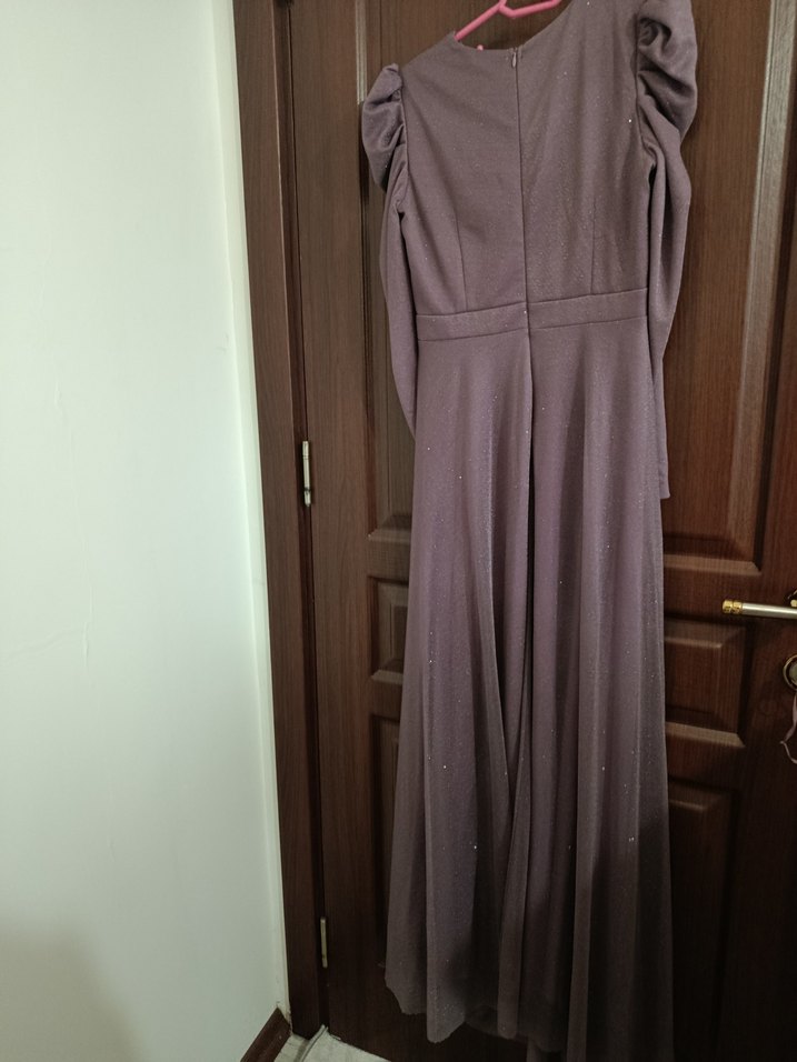 Uzun Kollu Drapeli Gri Uzun Elbise - Görsel 3