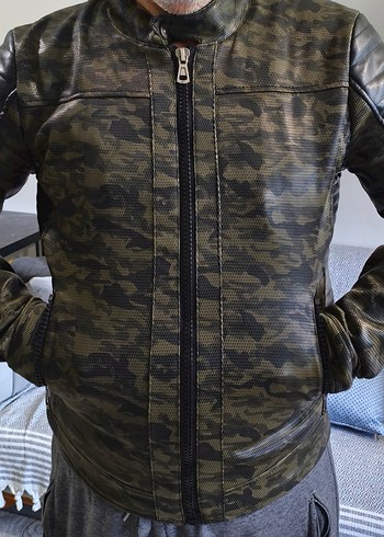 Asker yeşili Kamuflaj Deri Biker Ceket - Görsel 9