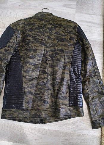 Asker yeşili Kamuflaj Deri Biker Ceket - Görsel 7