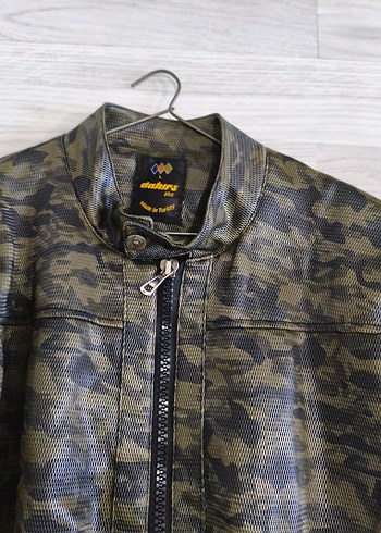 Asker yeşili Kamuflaj Deri Biker Ceket - Görsel 6