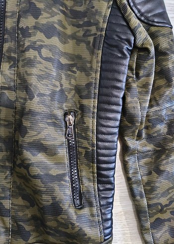 Asker yeşili Kamuflaj Deri Biker Ceket - Görsel 12