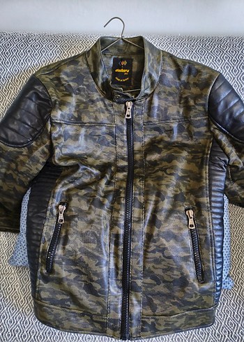 Asker yeşili Kamuflaj Deri Biker Ceket - Görsel 13