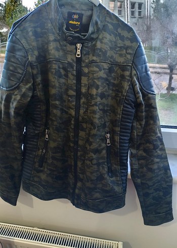 Asker yeşili Kamuflaj Deri Biker Ceket - Görsel 2