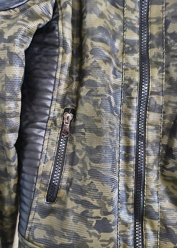 Asker yeşili Kamuflaj Deri Biker Ceket - Görsel 5