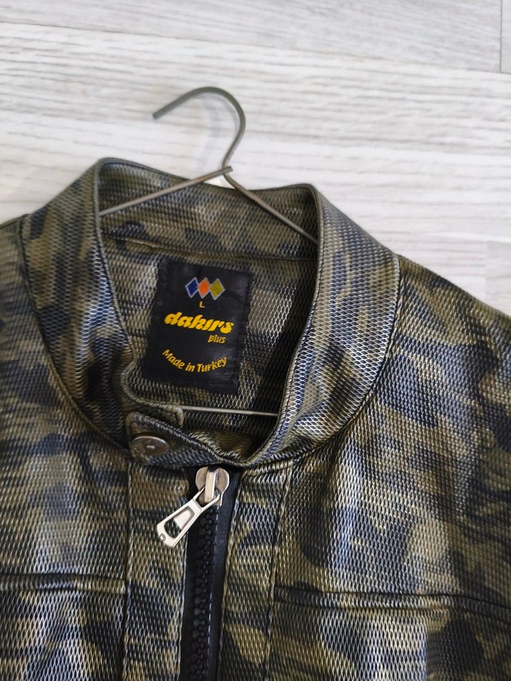 Asker yeşili Kamuflaj Deri Biker Ceket - Görsel 3