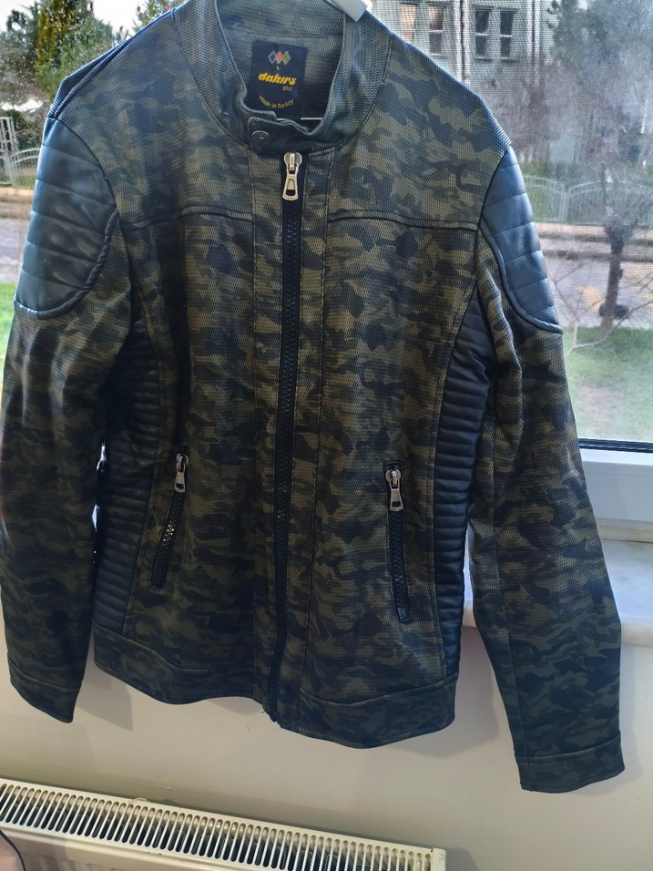 Asker yeşili Kamuflaj Deri Biker Ceket - Görsel 2