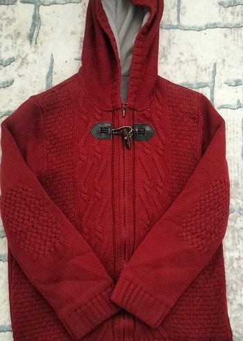 10 Yaş Beden bordo Renk Bordo Kapüşonlu Erkek Çocuk Triko Hırka