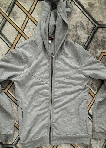 Gri Kapüşonlu Fermuarlı Erkek Sweatshirt