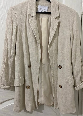 Stradivarius Düğmeli Bej Ekru Keten Kadın Blazer Ceket